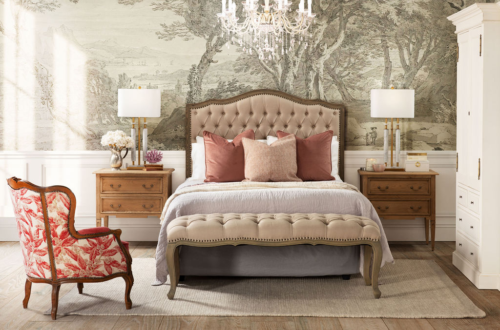 Block & Chisel linen upholstered button tufted headboard with wooden frame Château Collection 