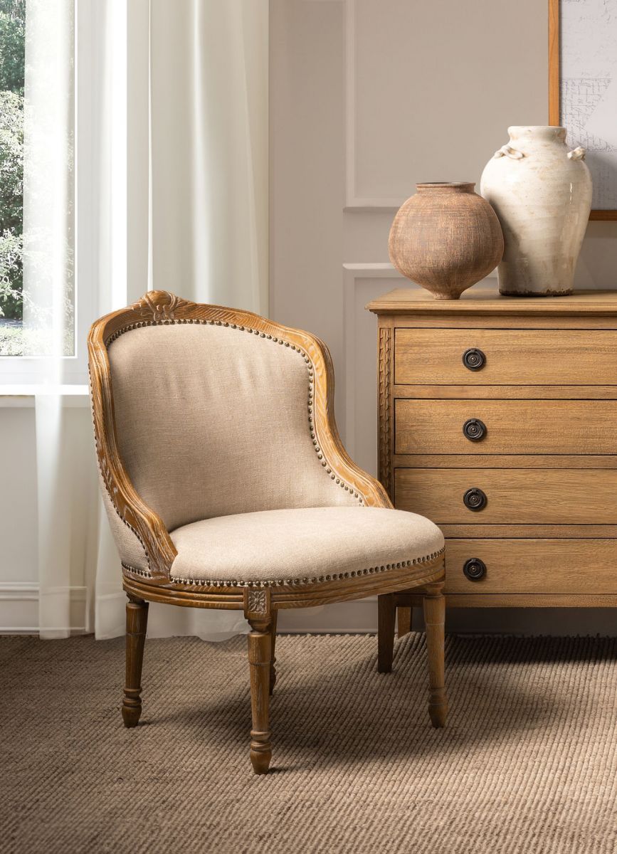 French chair with wooden frame and linen upholstery 