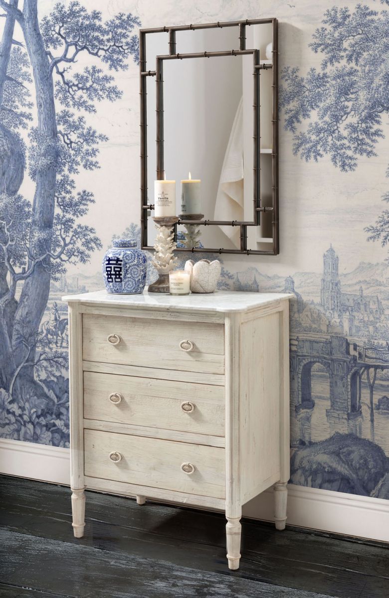 grey wash chest of drawers with marble top