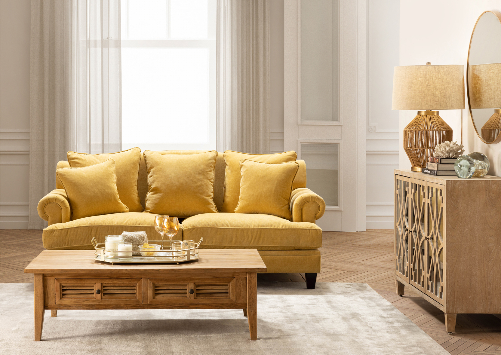 3 seater sofa upholstered in mustard velvet