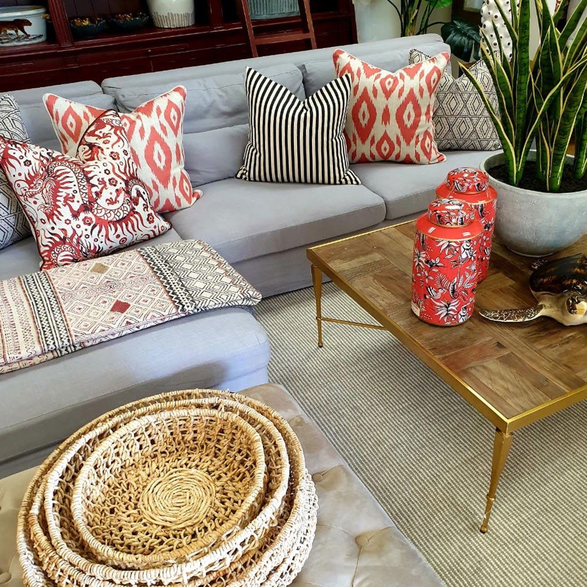 Block & Chisel ikat red orange pattern scatter cushion back