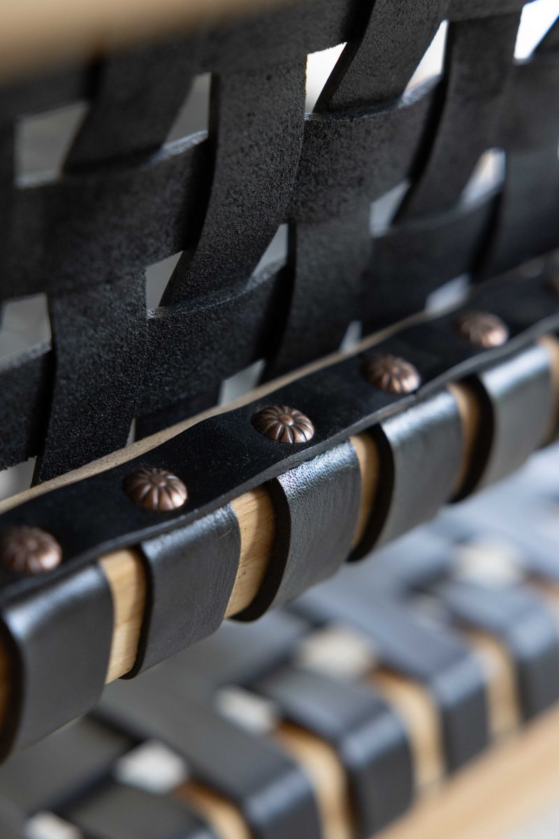 Block and chisel teak and leather armchair 