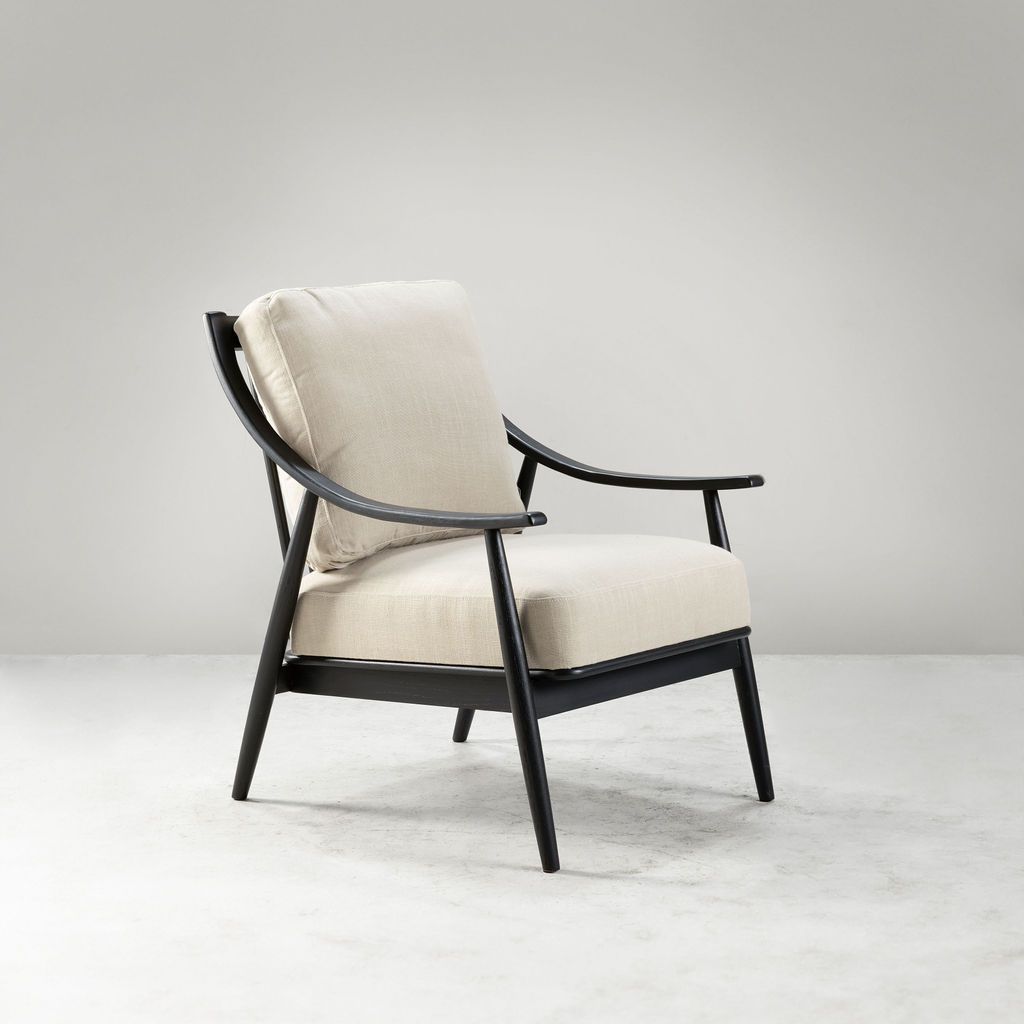 Modern armchair with black frame grey upholstery 