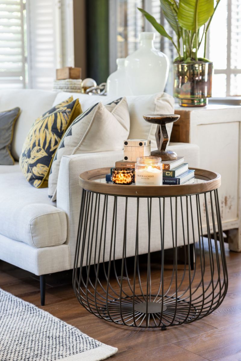 industrial caged side table with glass top