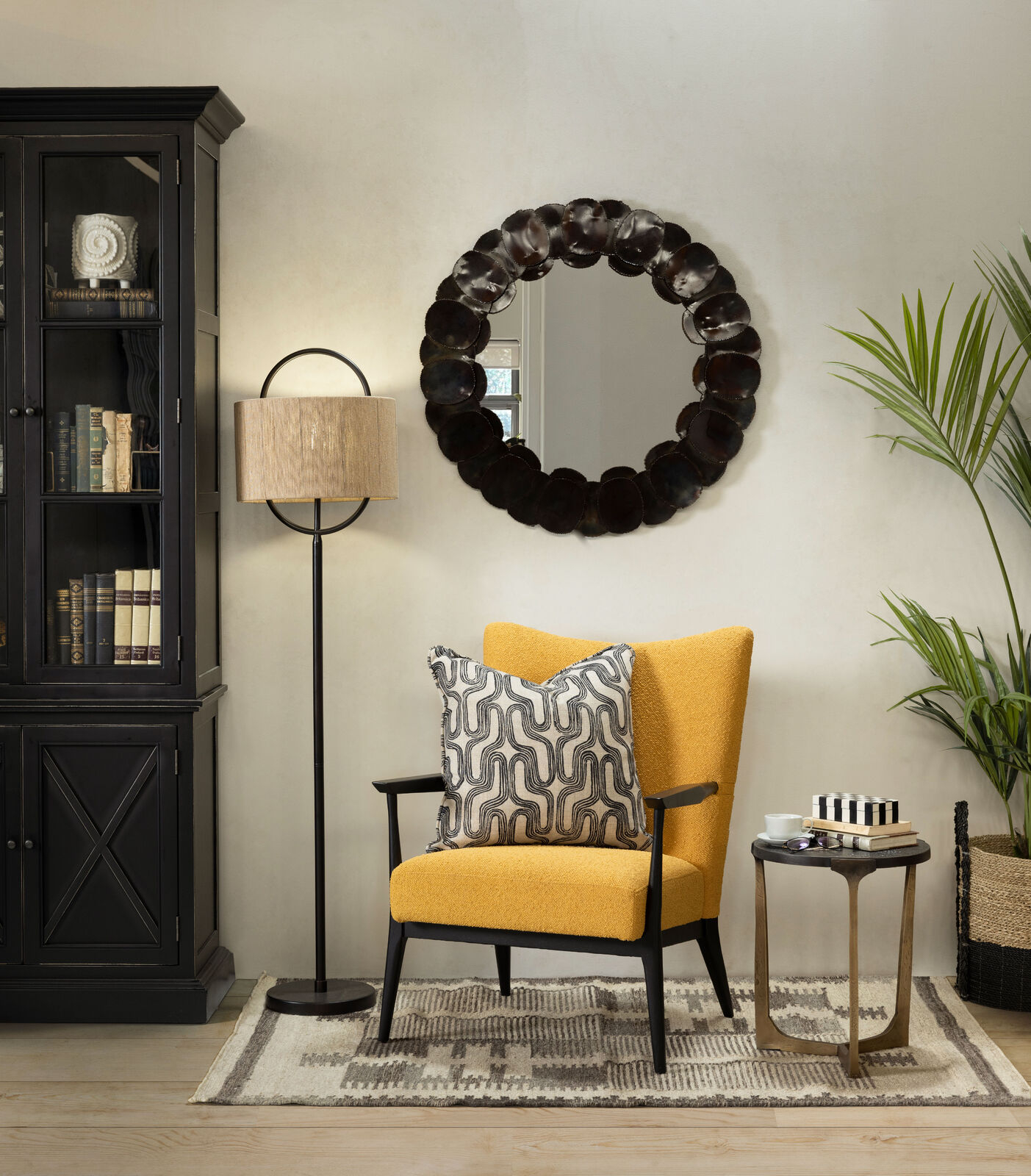 Mustard upholstered armchair with dark wooden frame 