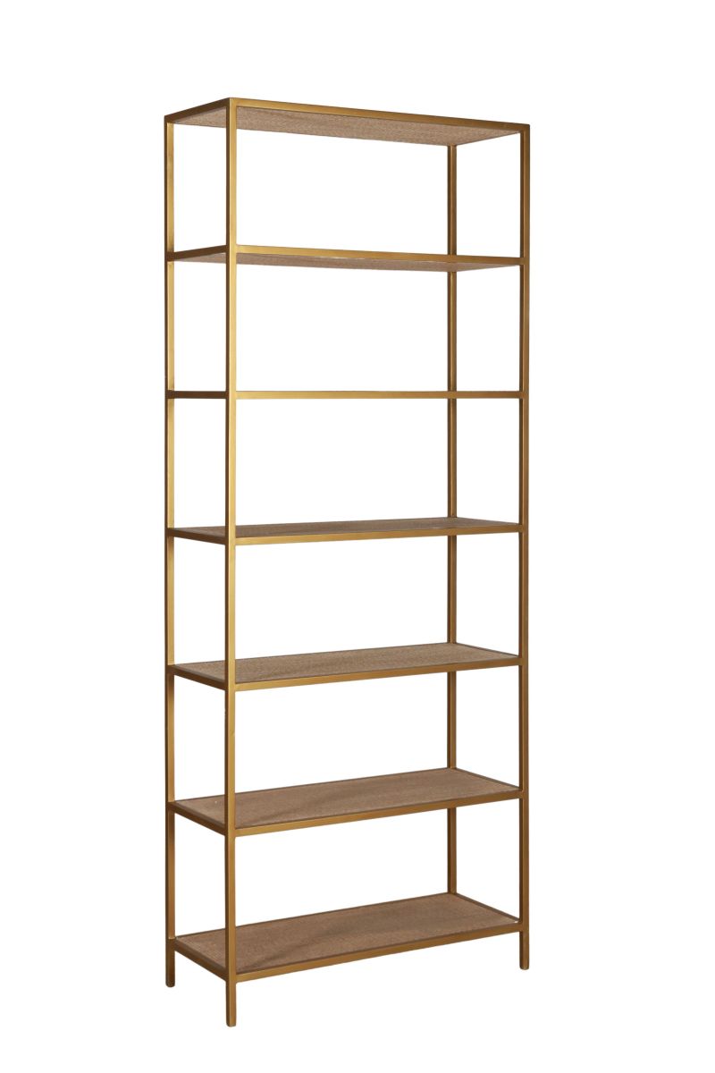 Gold metal bookshelf with wicker inlay shelving