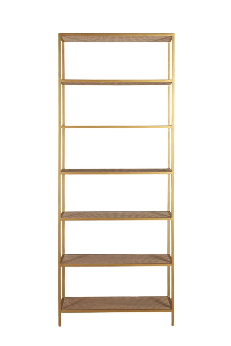 Gold metal bookshelf with wicker inlay shelving