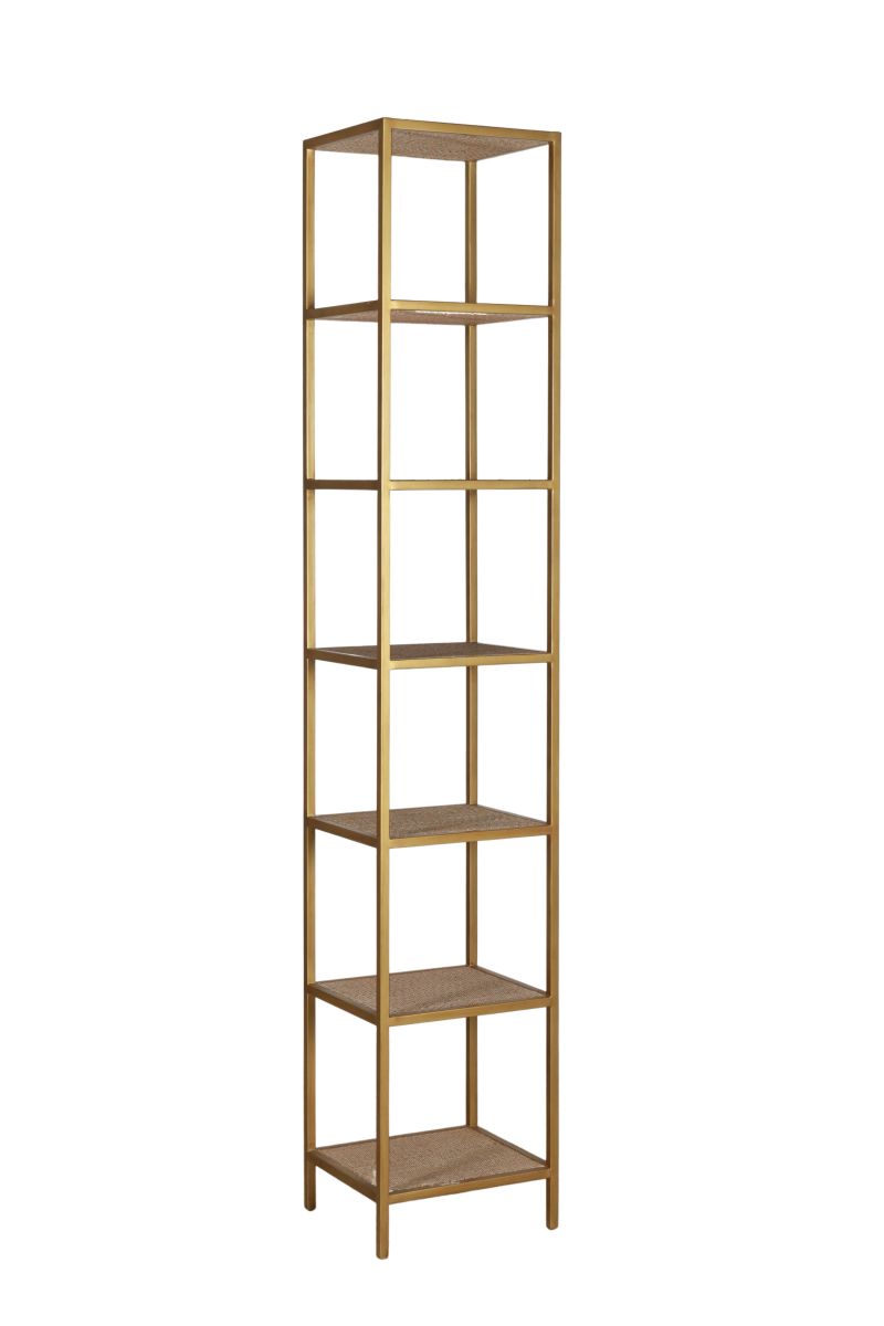 gold and wicker narrow bookshelf 