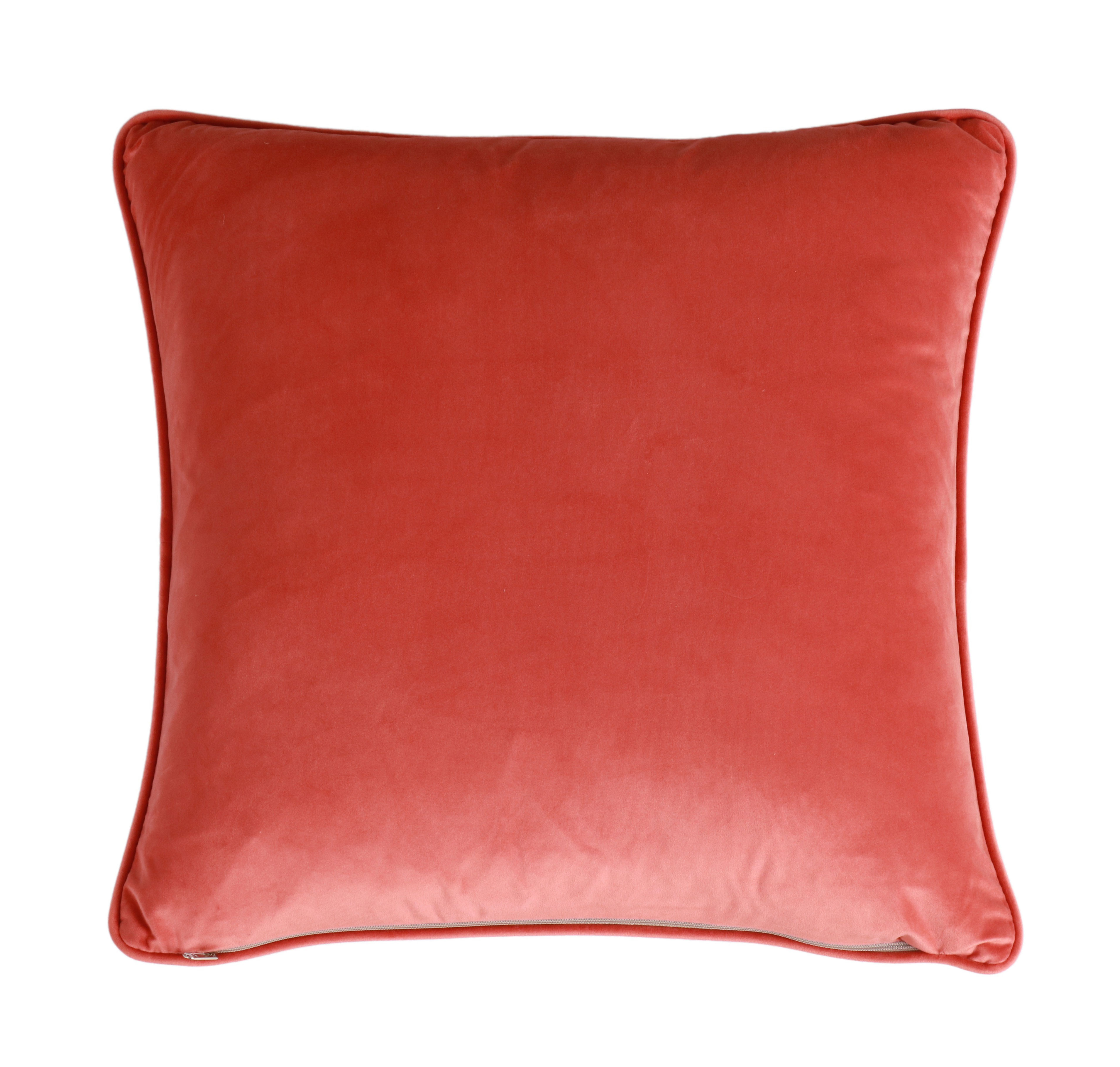 orange ikat print cushion with orange velvet backing