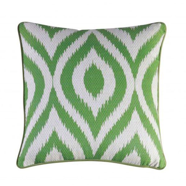 Green ikat print scatter cushion with green velvet backing 