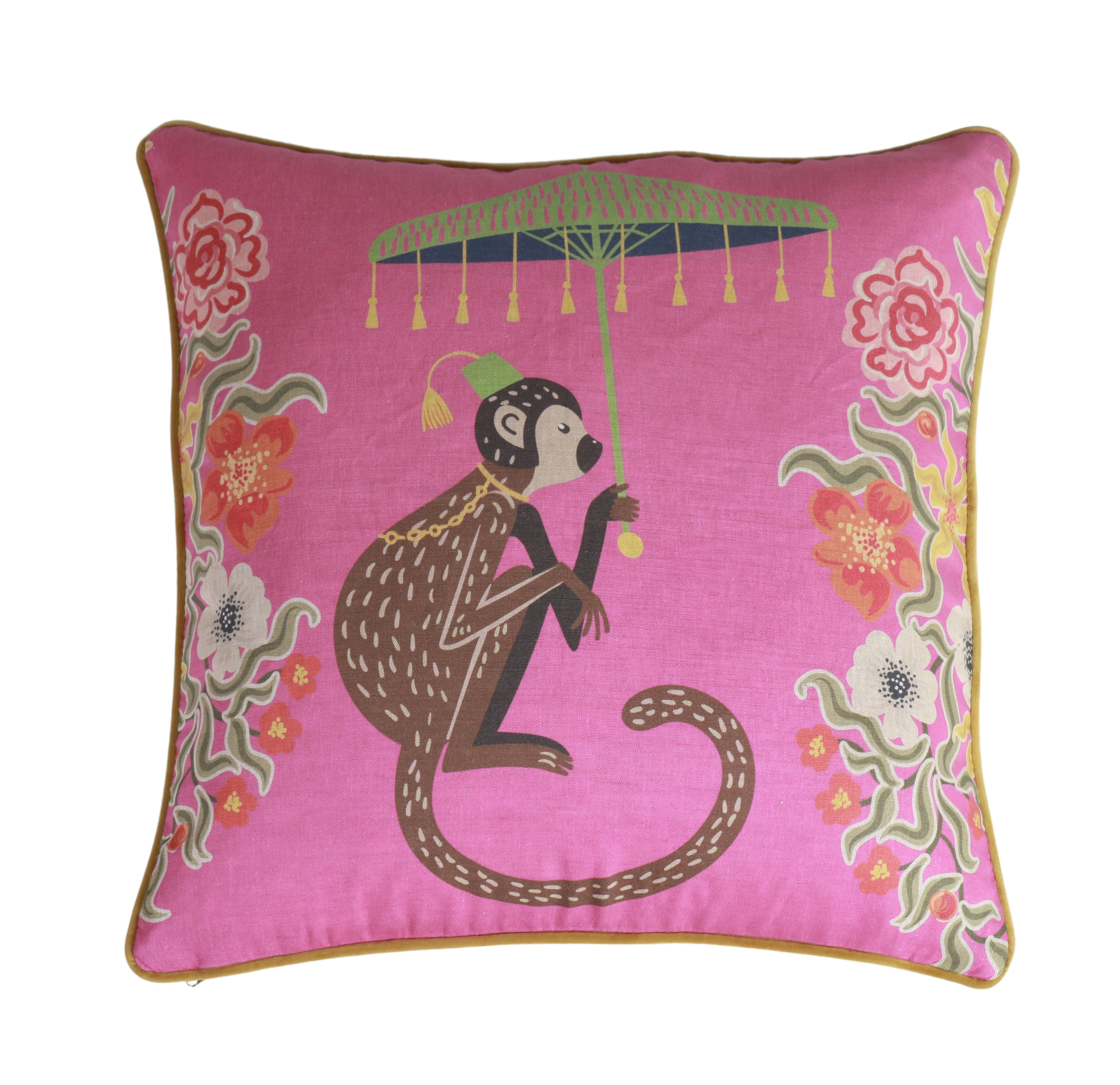 monkey with umbrella cushion pink 