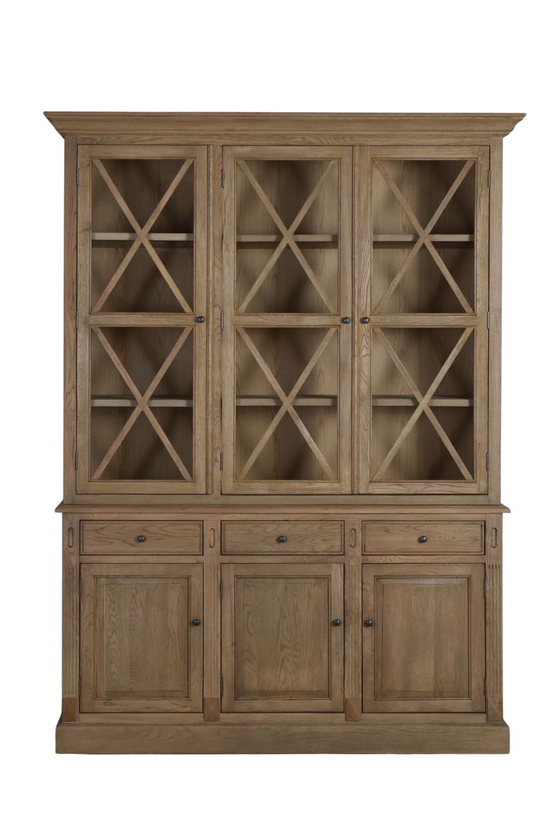 Oak display cabinet with 3 glass doors and drawers