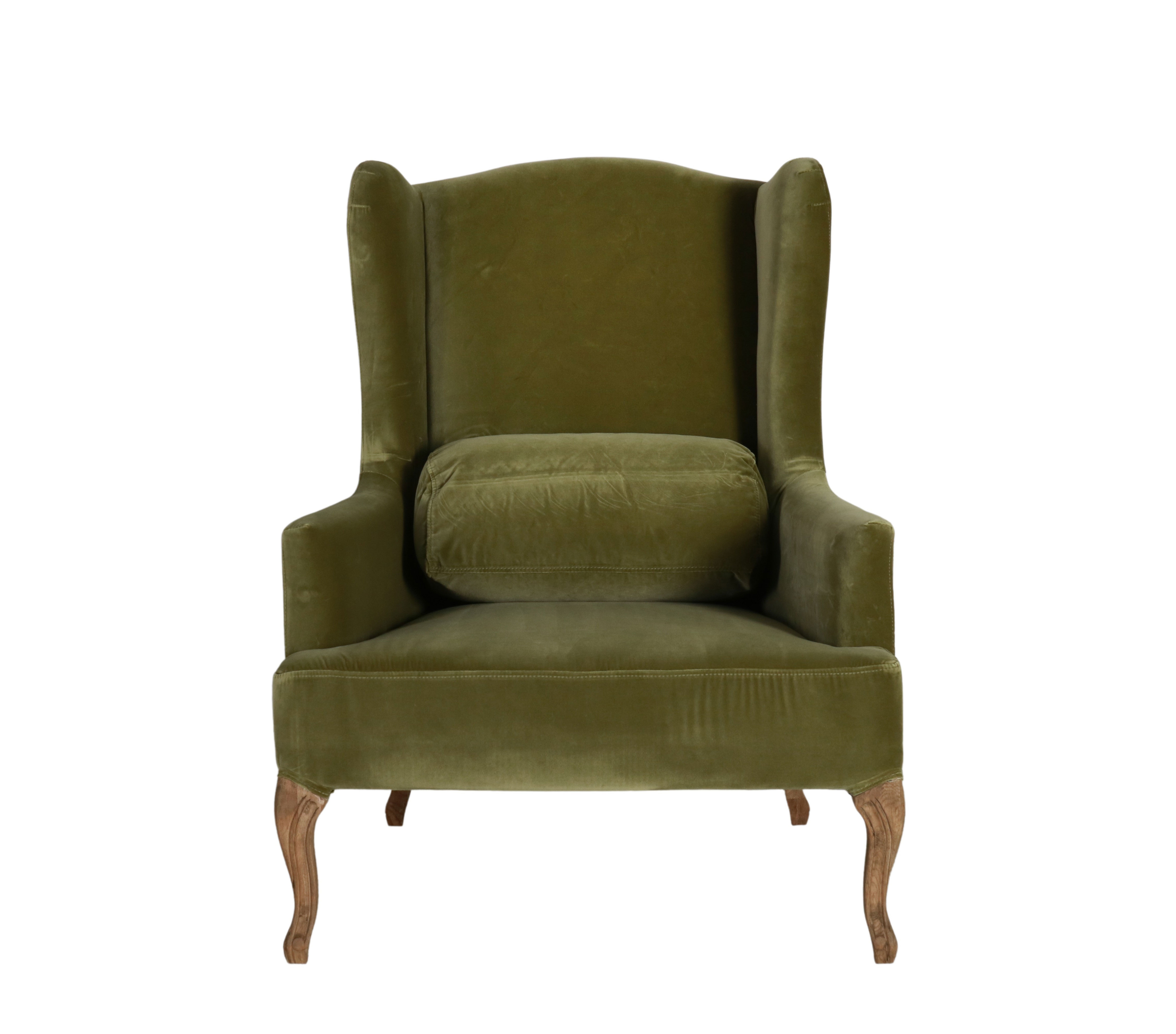 Green velvet wingback chair with oak legs Château collection