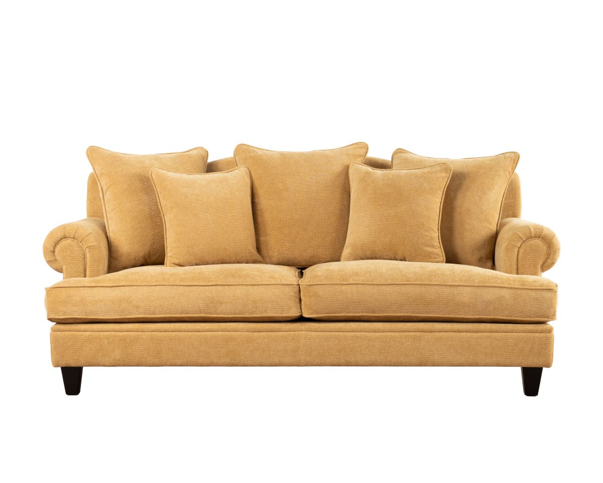 3 seater sofa upholstered in mustard velvet