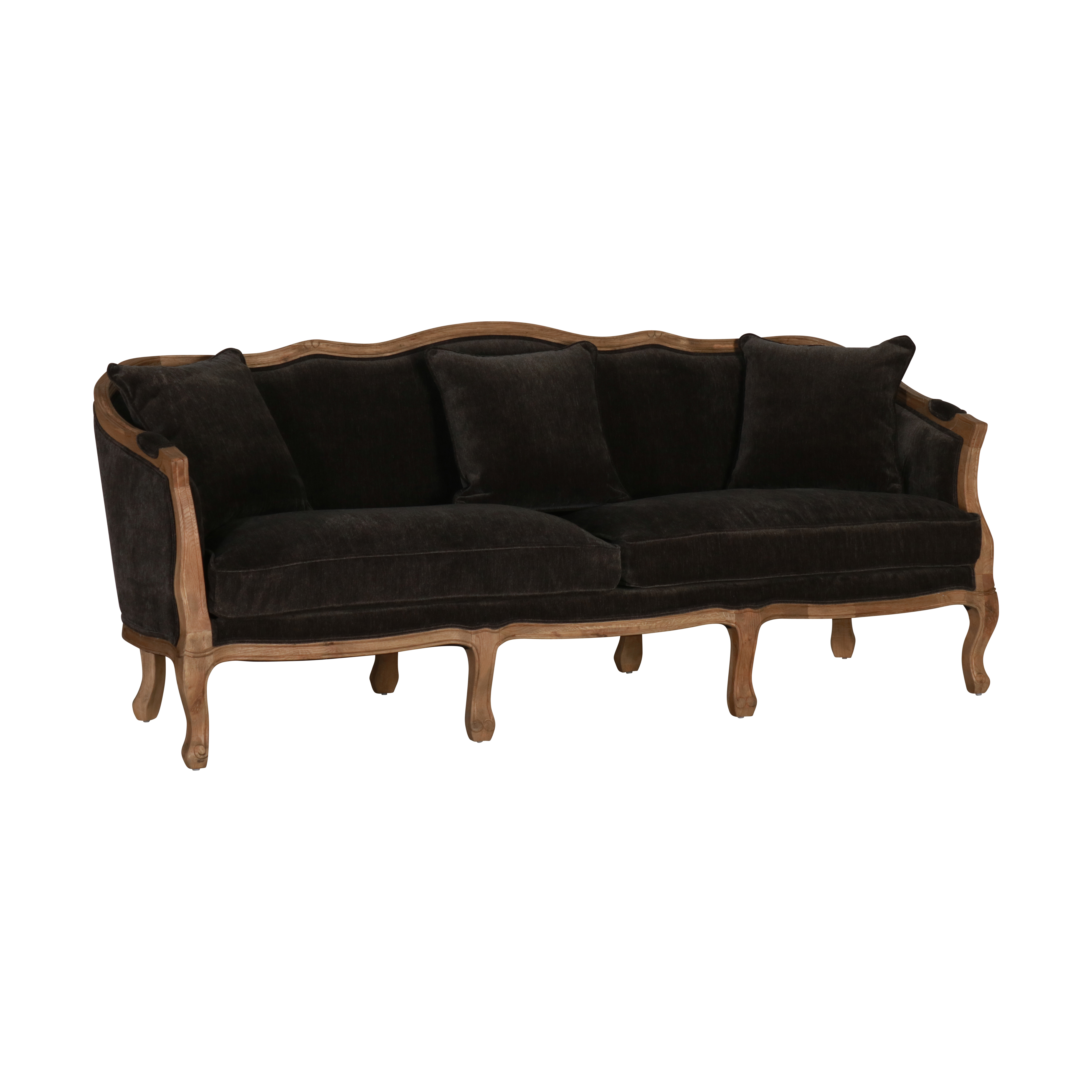 black upholstered French sofa with oak frame Château collection