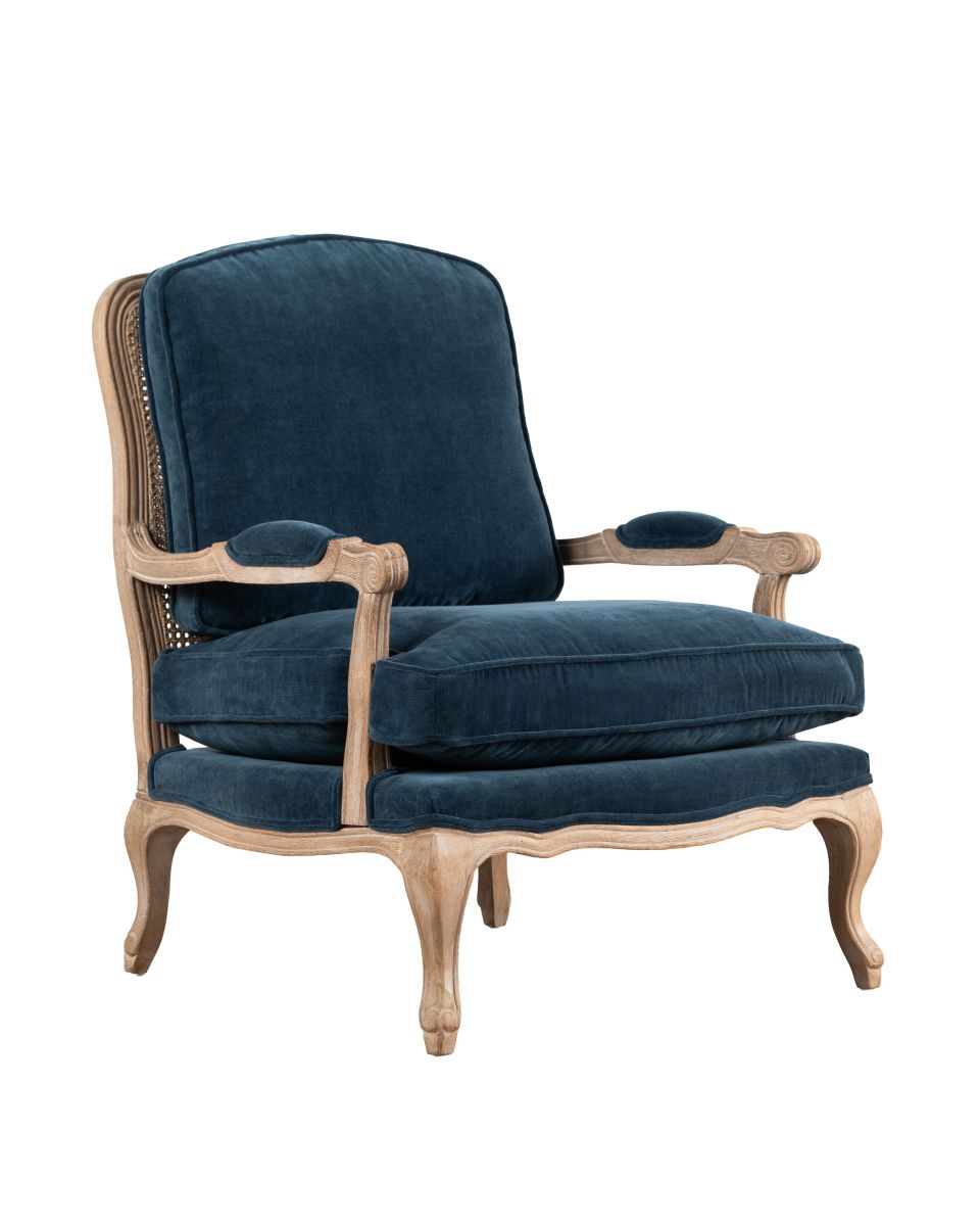 blue velvet Bodine armchair with oak frame Chateau collection