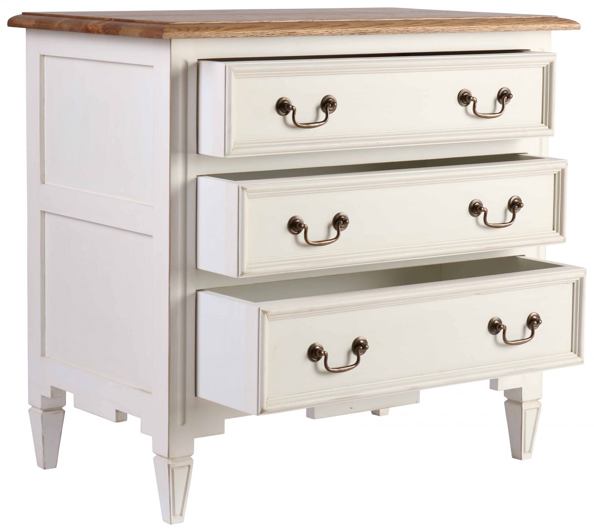 FPS 3 drawer bedside pedestal in antique white and weathered oak finish.