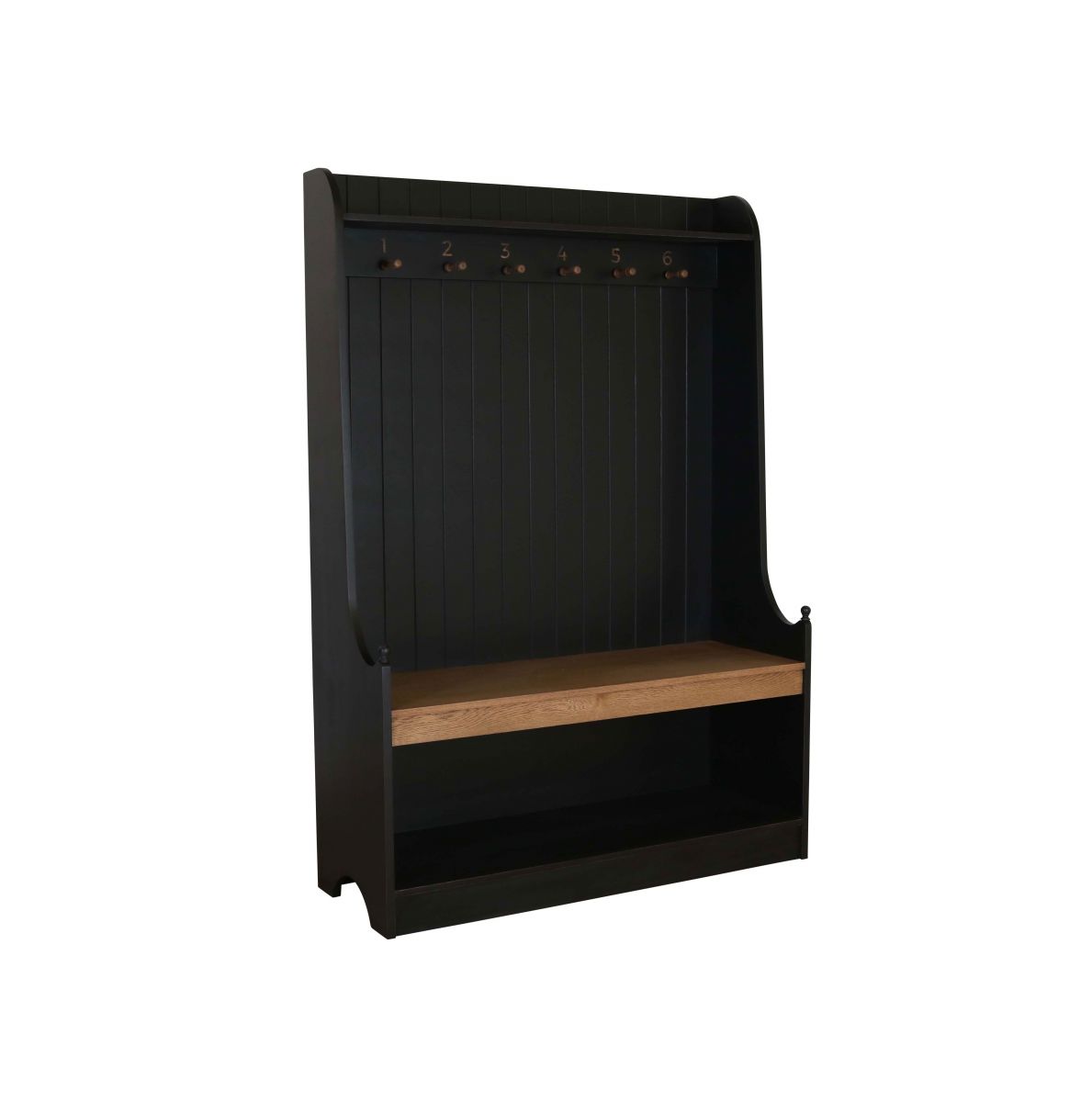 Block & Chisel matt black coat stand with weathered oak seat