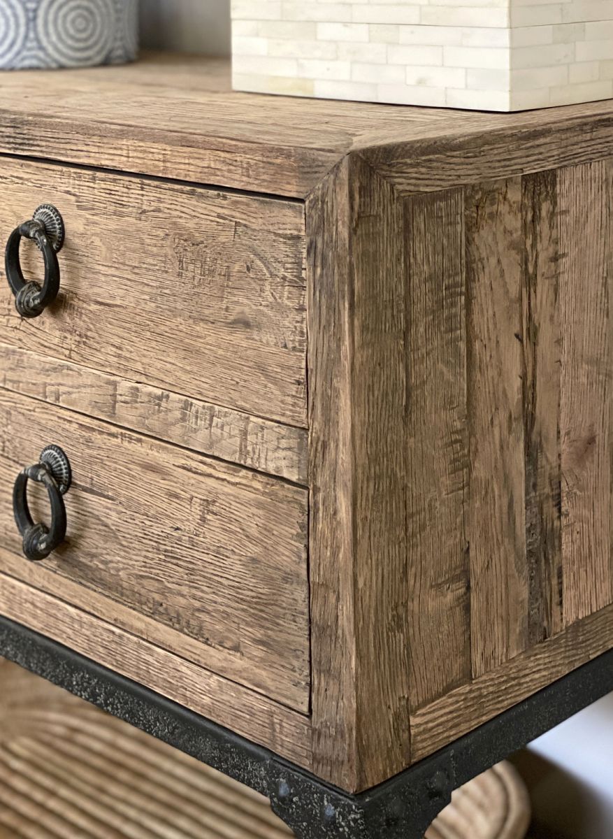 2 drawer metal and wood console with bottom shelf