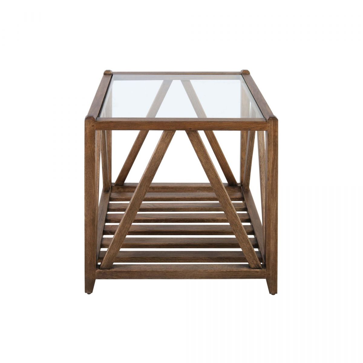 Block & Chisel square solid antique weathered oak side table with a glass top