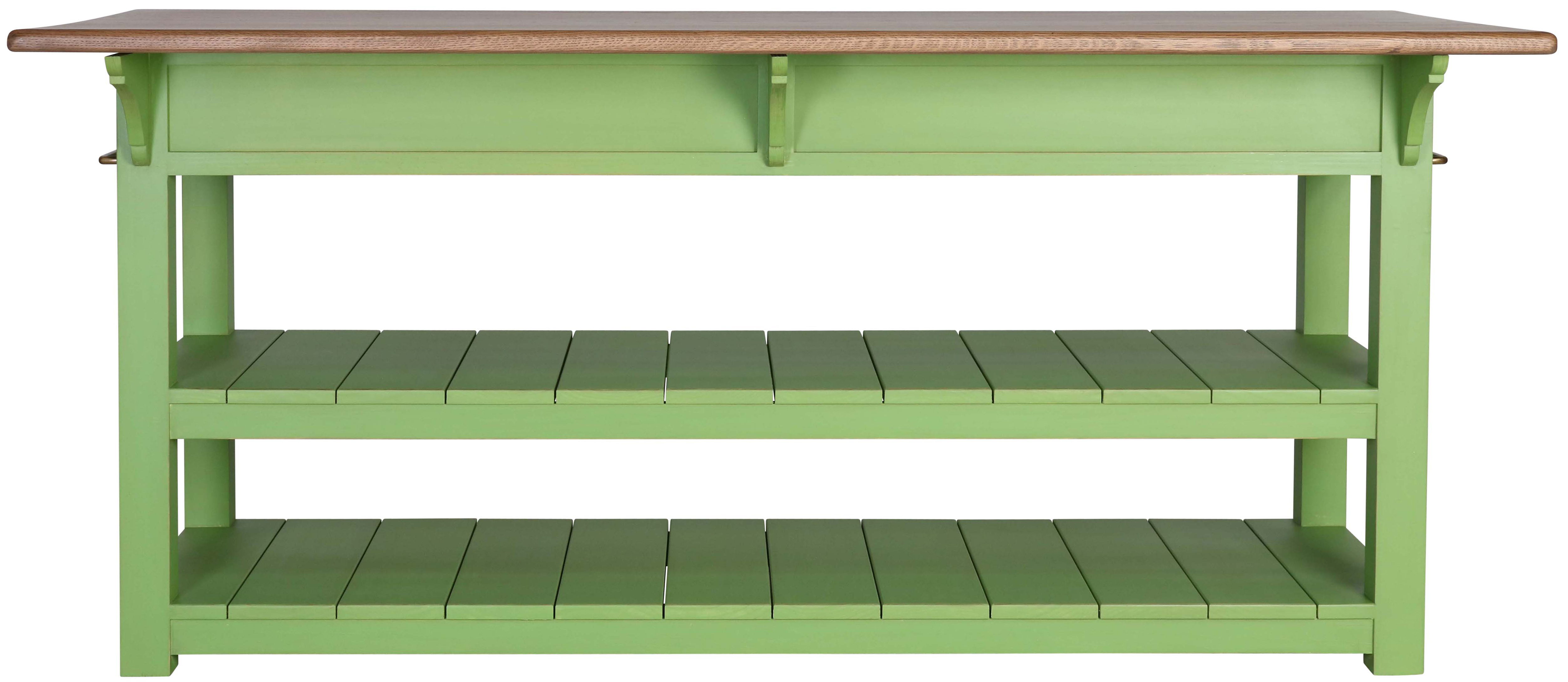Block & Chisel kitchen island with weathered oak top and green base