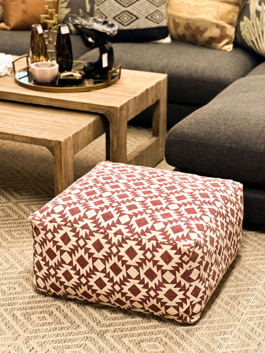 red and white square pouffe 