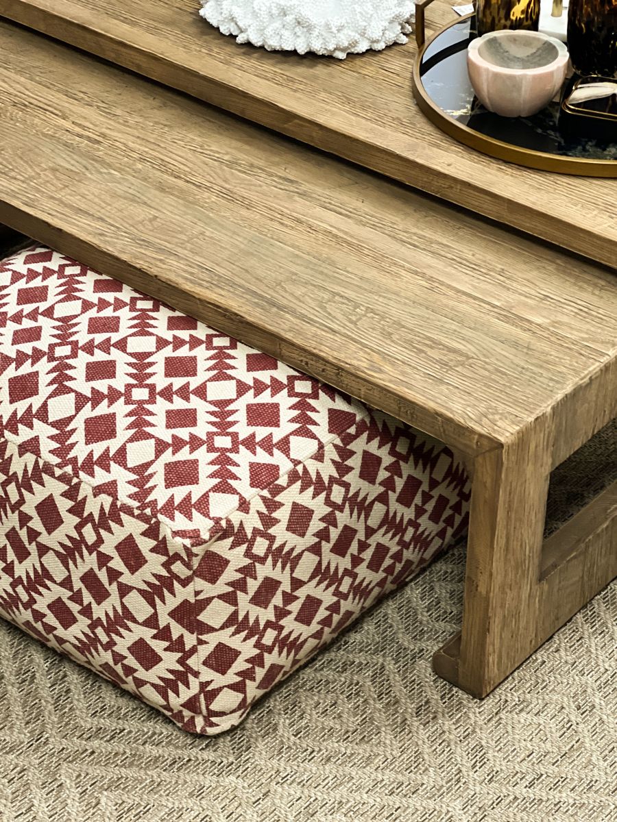 red and white square pouffe 