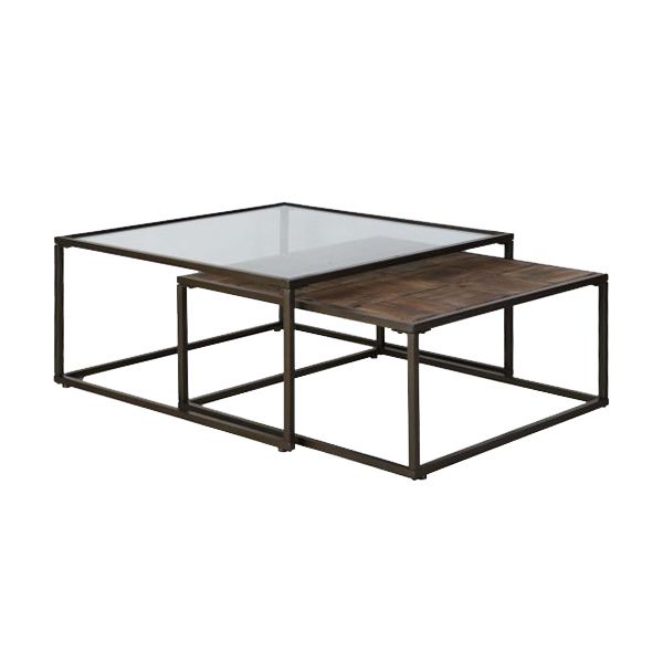 Glass and wood square coffee table with metal frame 