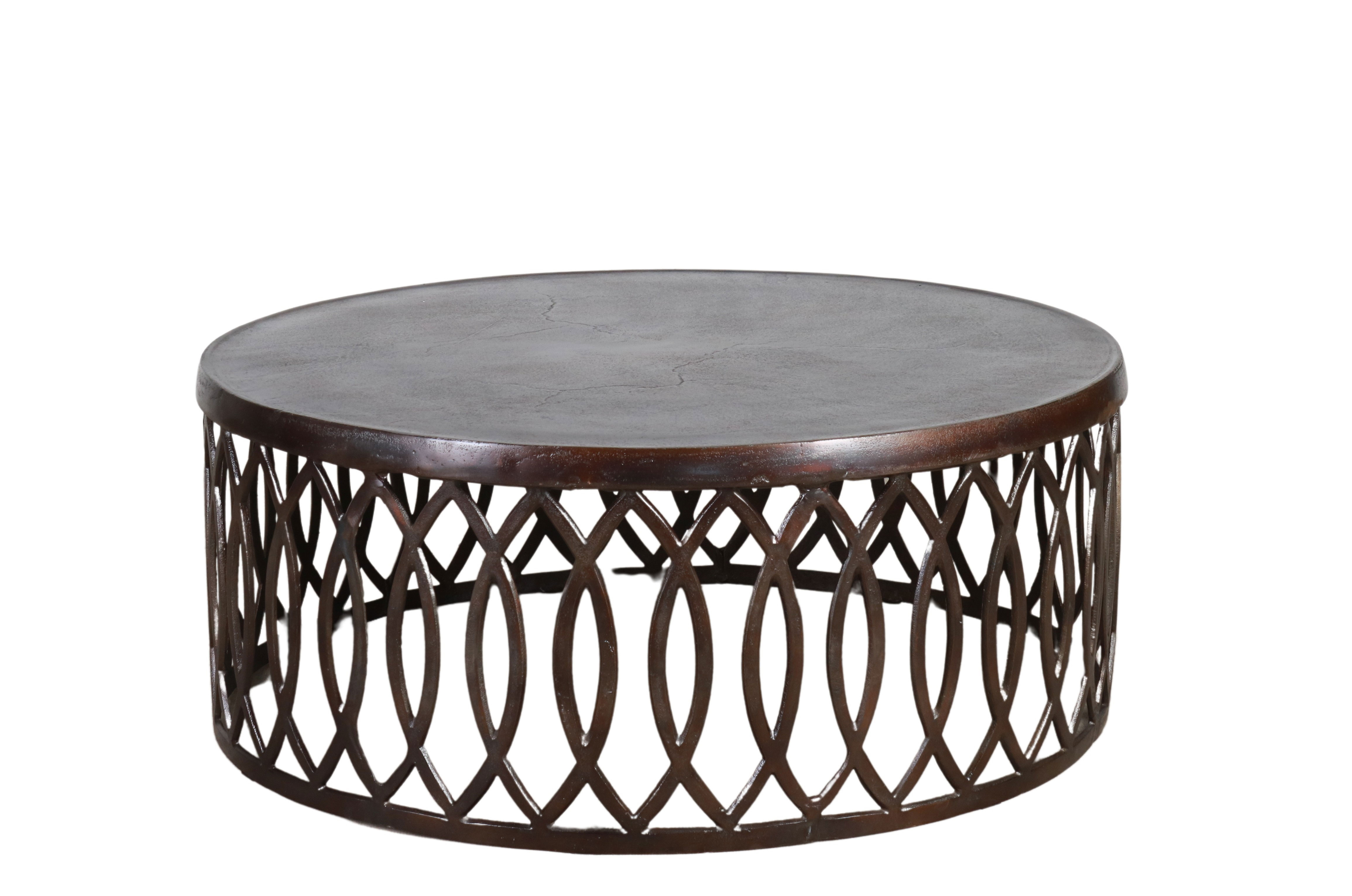 Round metal coffee table with cut out side detail 