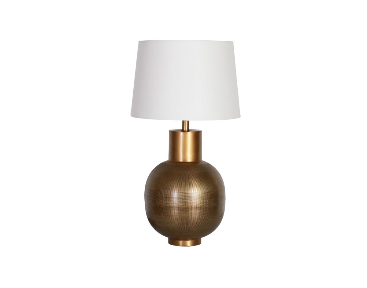 Table lamp with brass base and white shade 