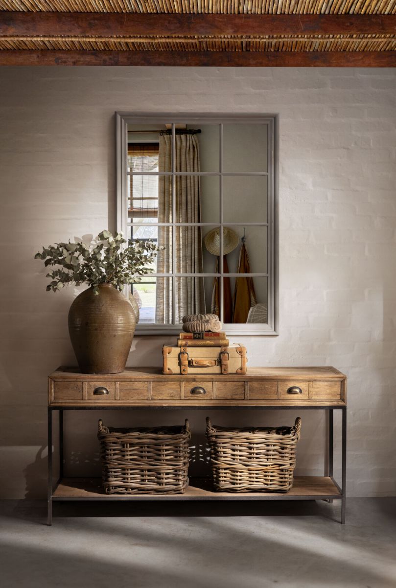Block & Chisel rectangular reclaimed wood console table with iron legs