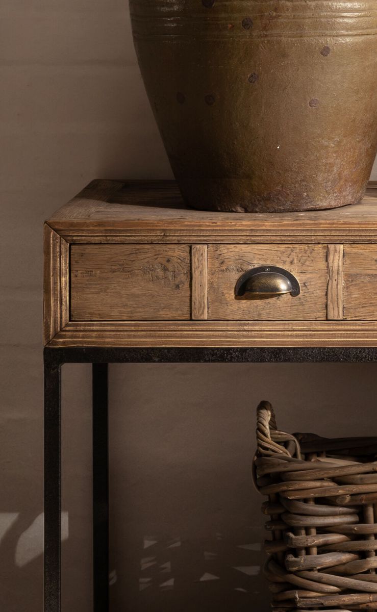 Block & Chisel rectangular reclaimed wood console table with iron legs