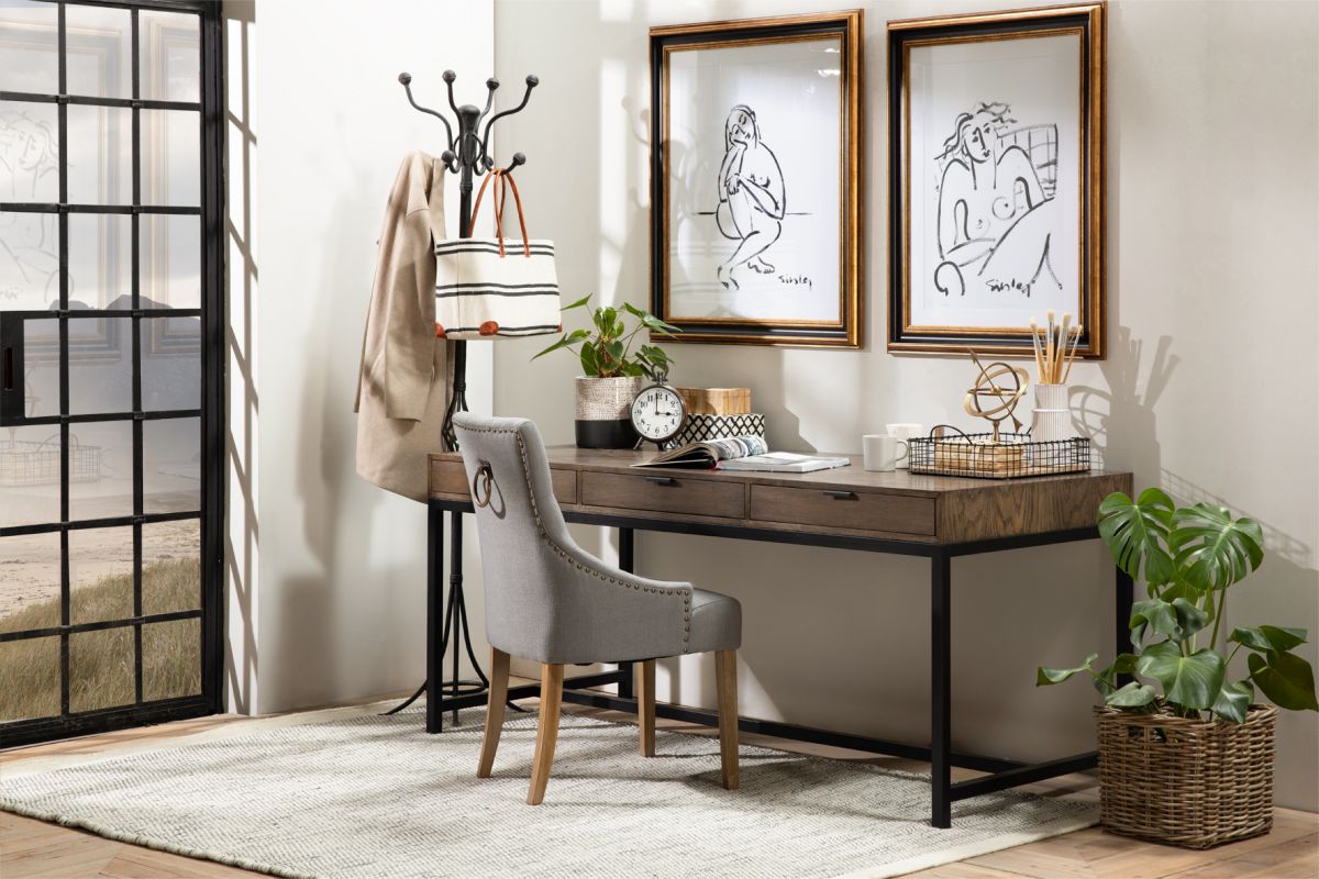 3 drawer Block and chisel oak desk with metal base.