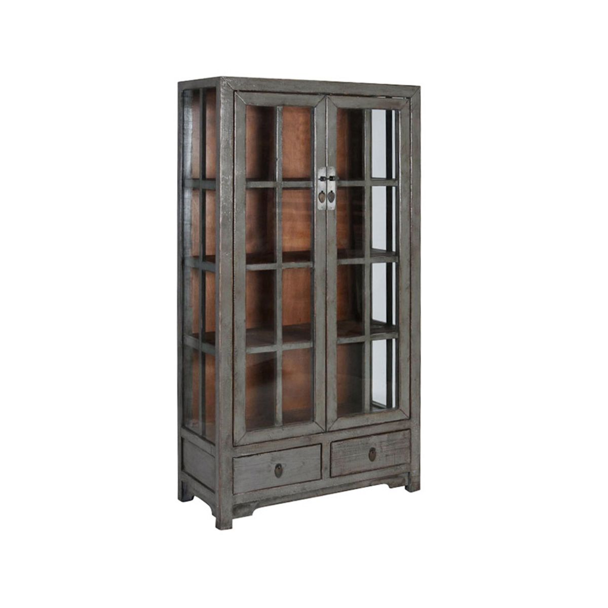 grey lacquered chinese cabinet with glass doors