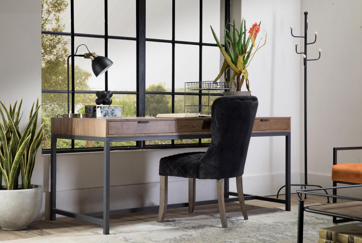 3 drawer Block and chisel oak desk with metal base.