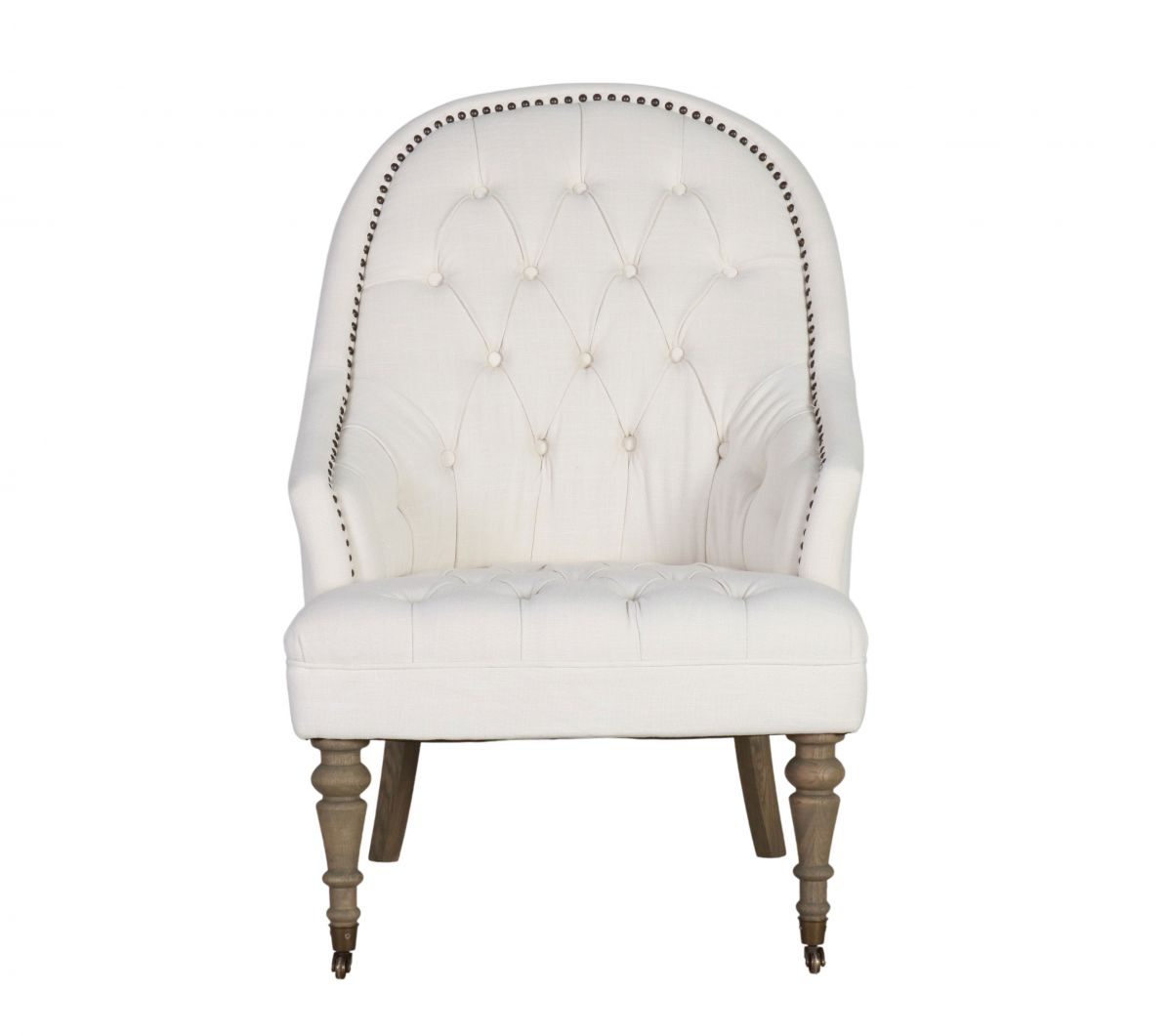 cream upholstered deco chair with deep buttoned detail, oak legs and castors, Château Collection 