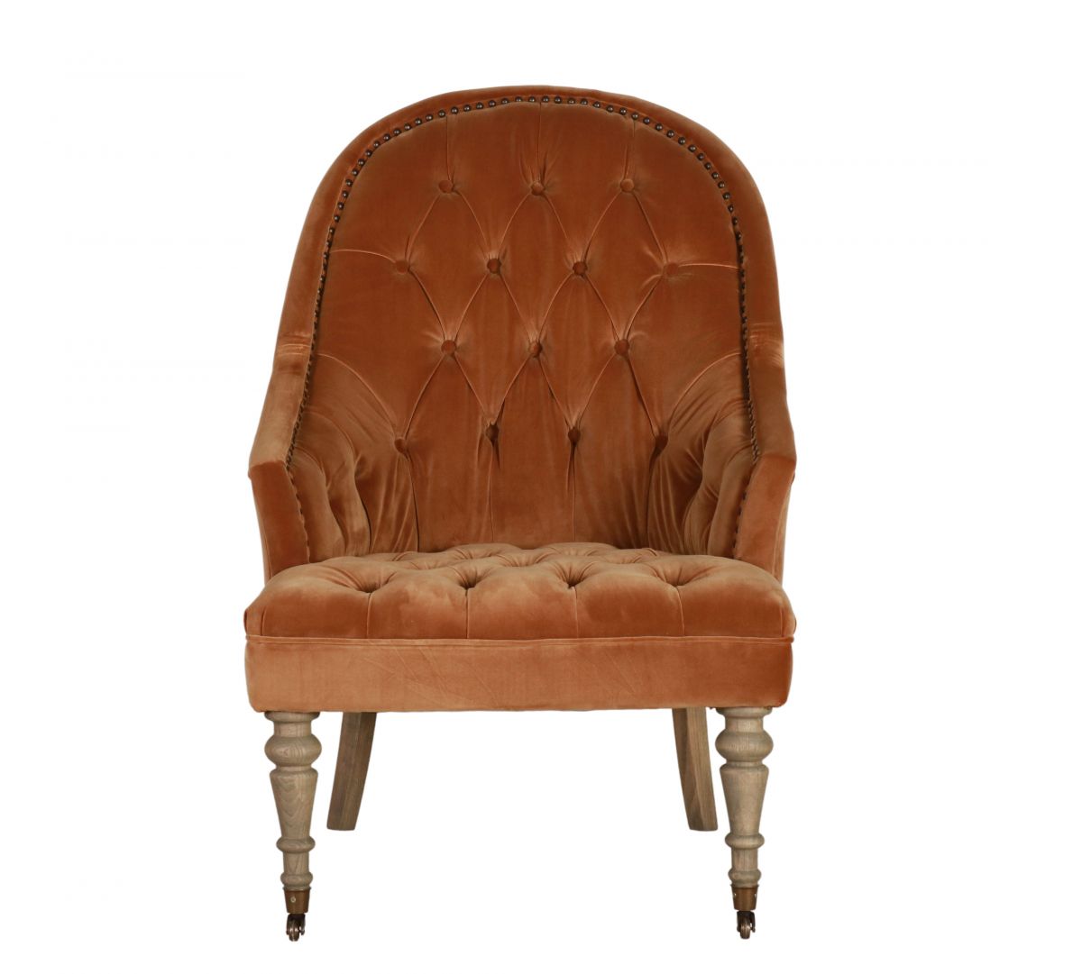 Deco chair upholstered in gold velour with deep buttoned detail, oak legs and castors Château Collection