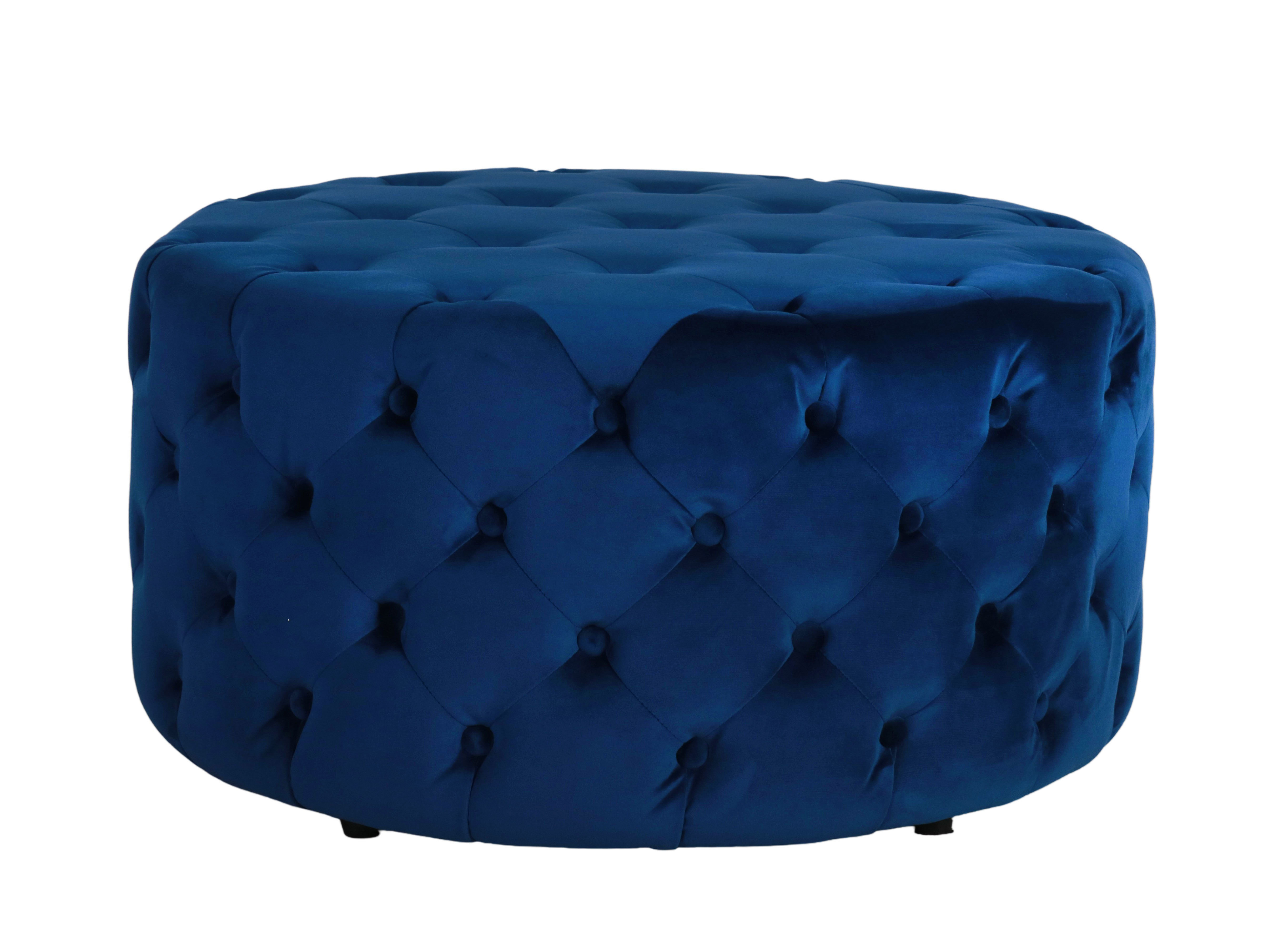 navy upholstered round ottoman with button detail Château Collection