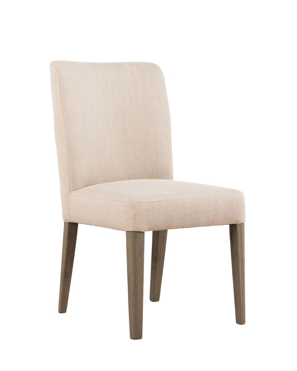 Block & Chisel linen upholstered dining chair with pointed oak wood legs