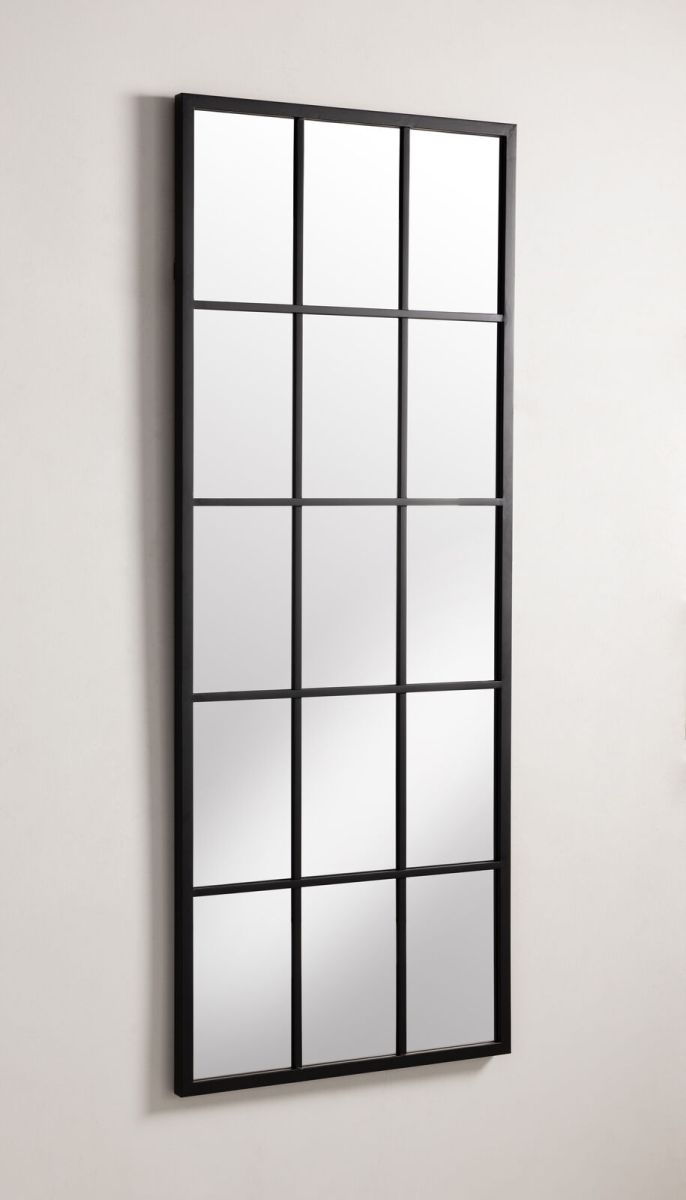 Black metal framed window pane mirror