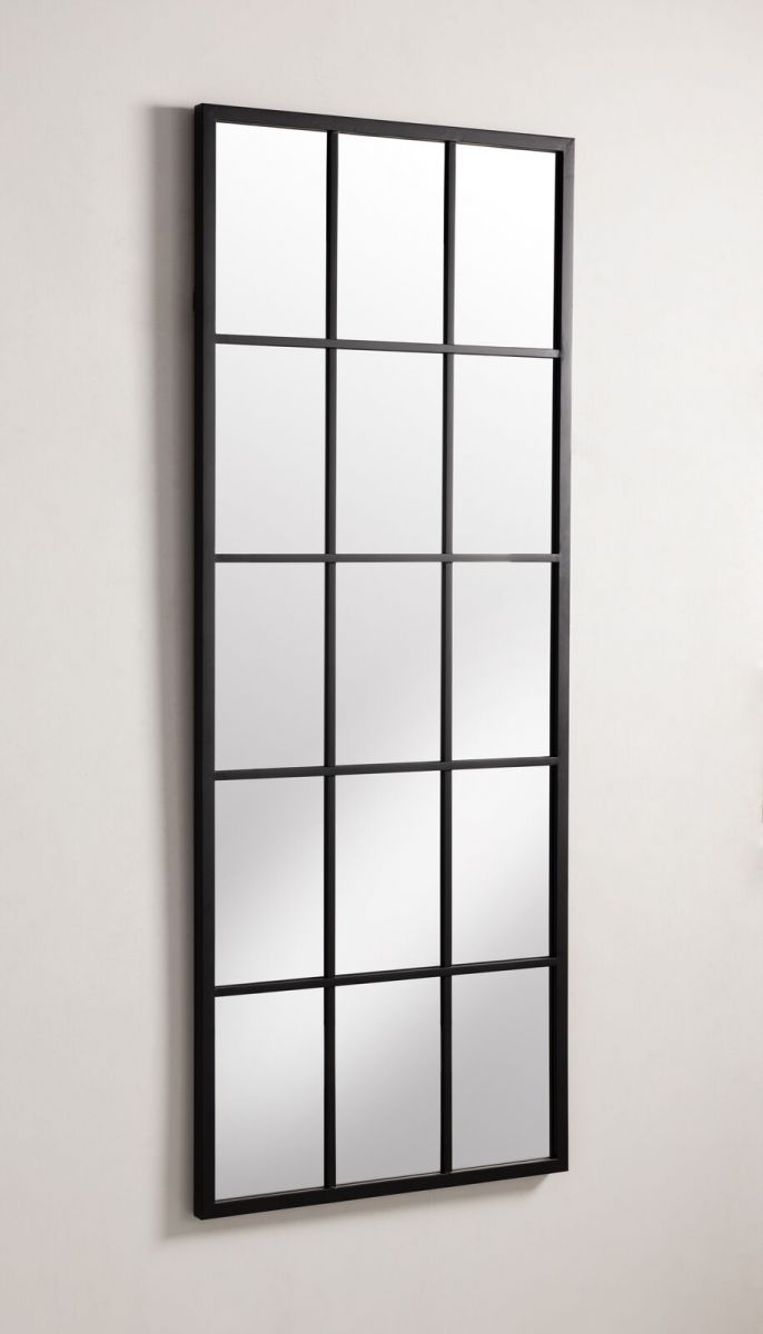Black metal framed window pane mirror
