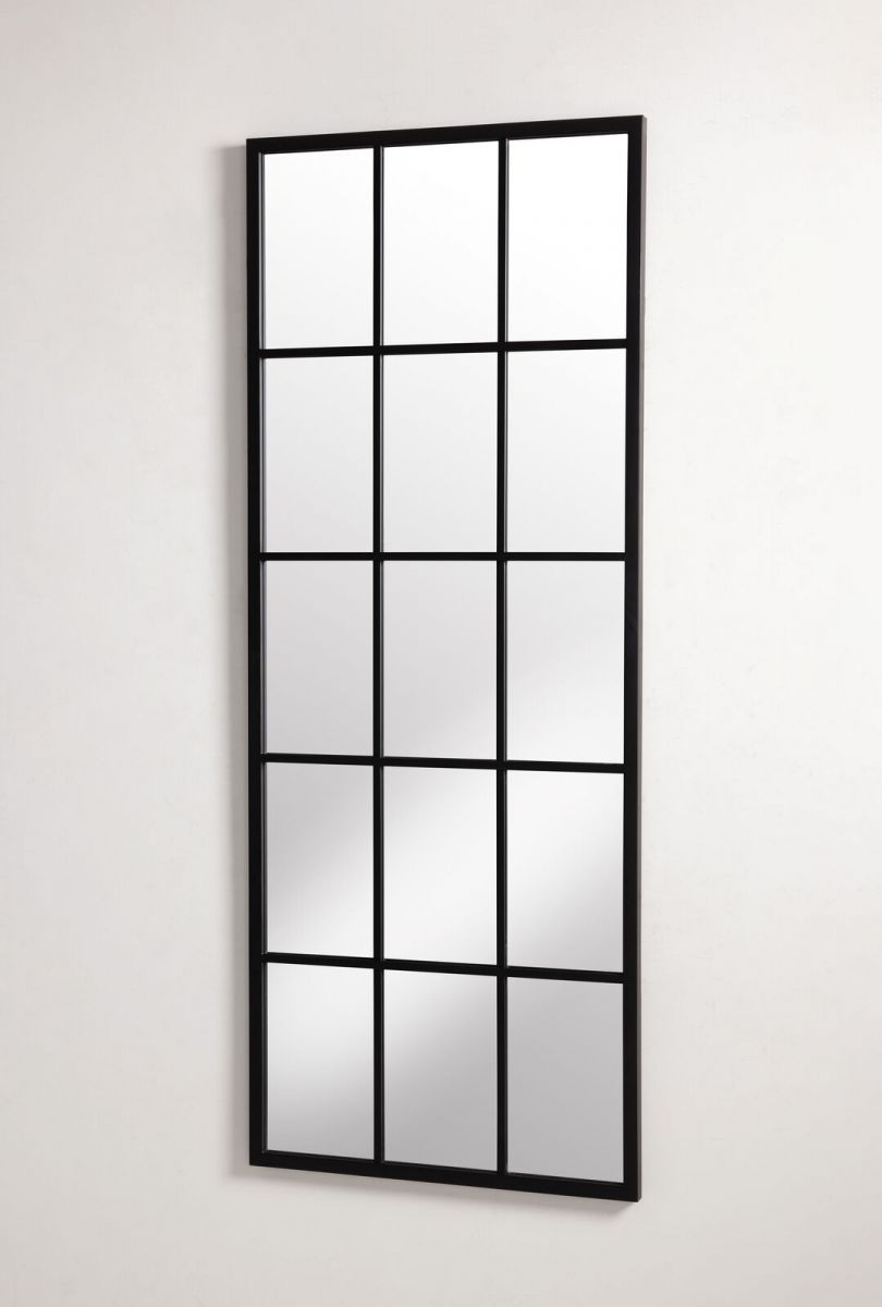 Black metal framed window pane mirror