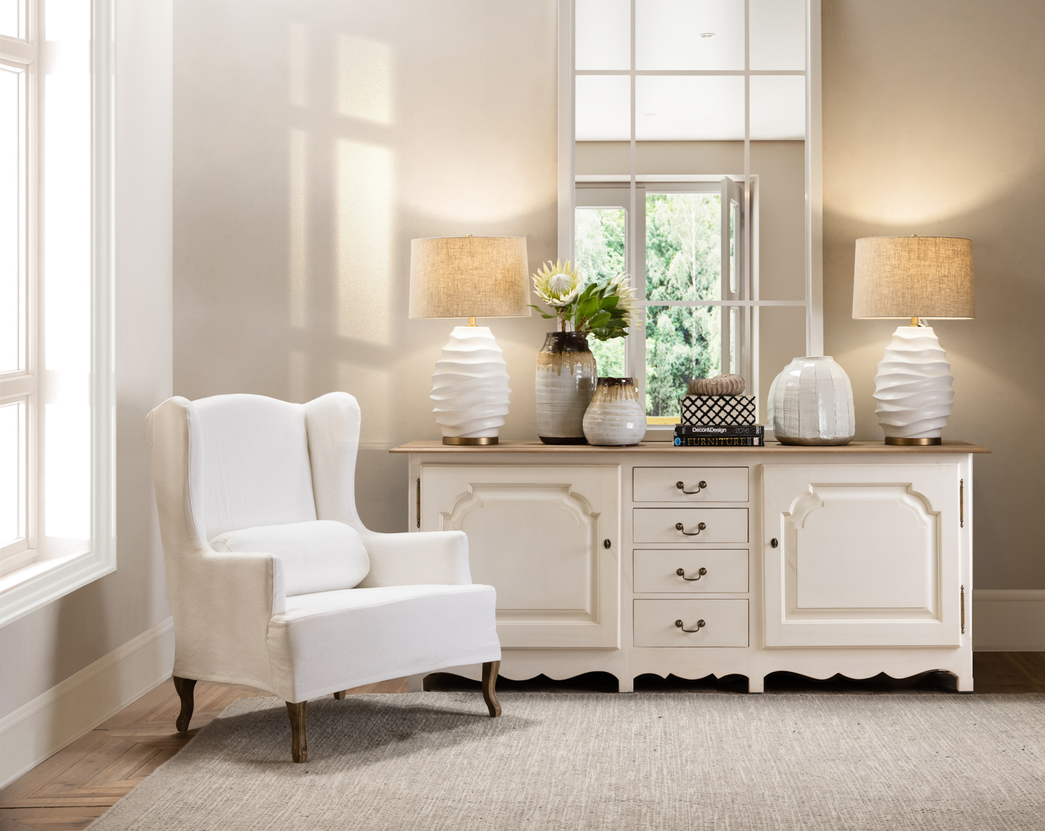 Cream wingback chair with wooden legs Chateau collection