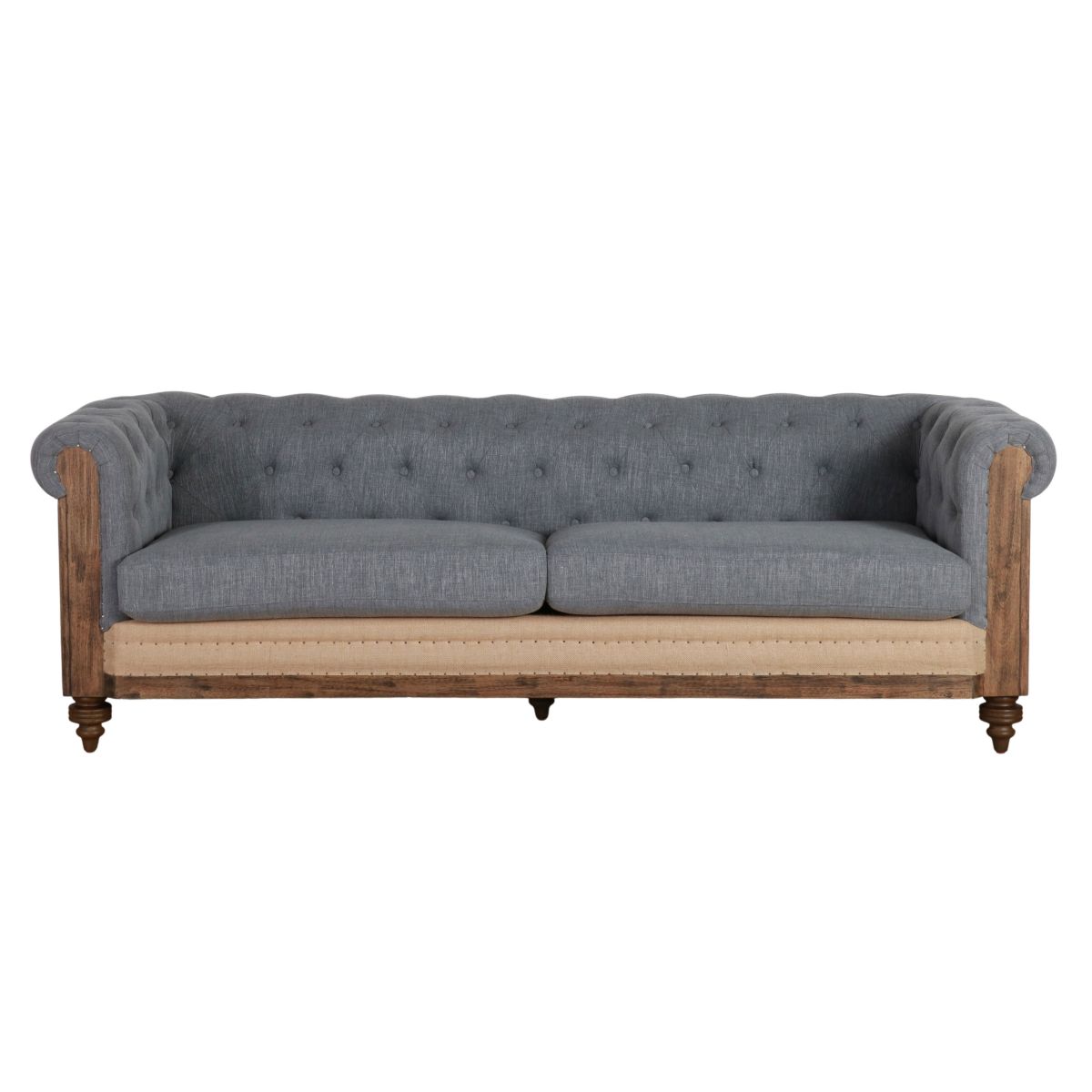 deconstructed chesterfield style sofa with wooden frame