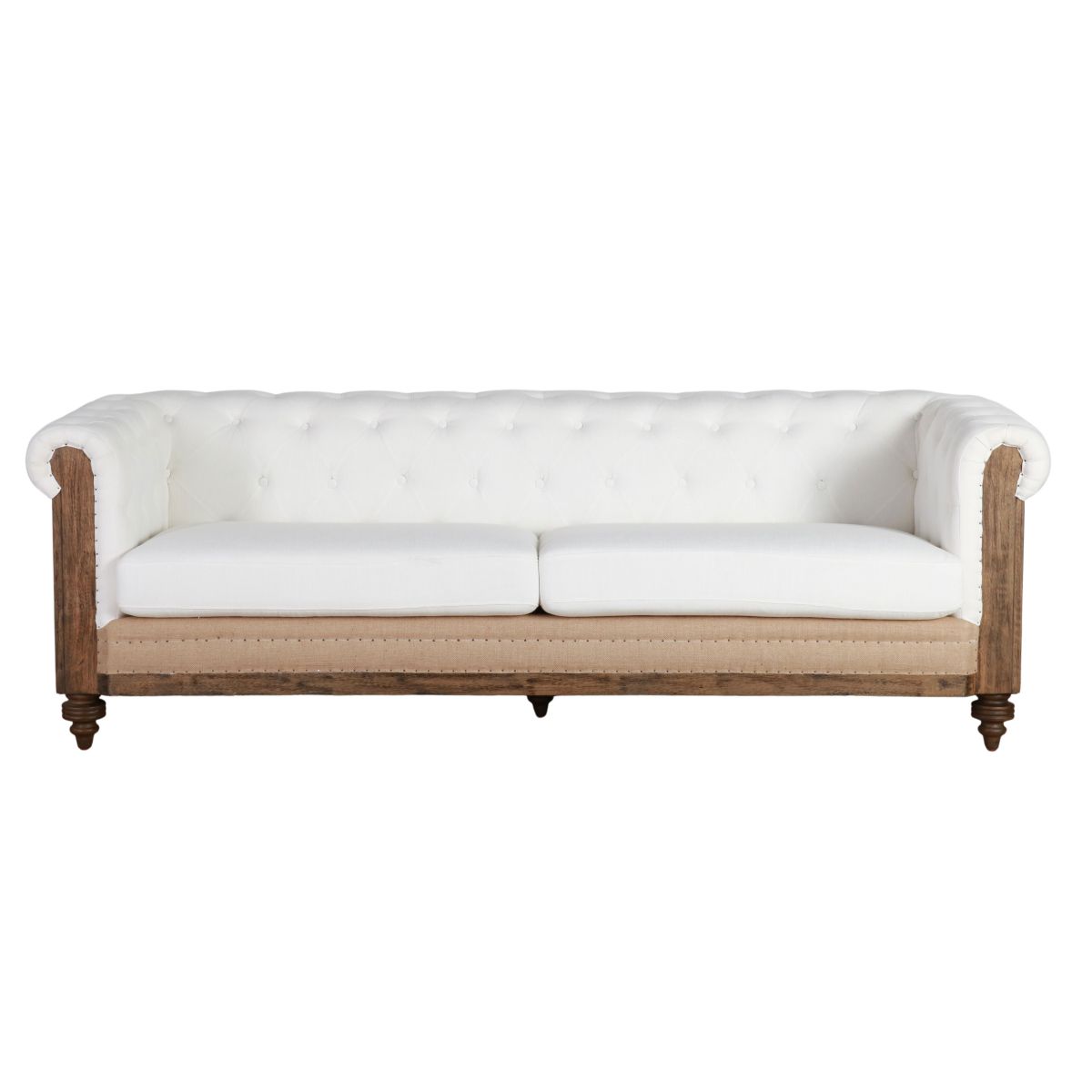 deconstructed chesterfield style sofa with wooden frame