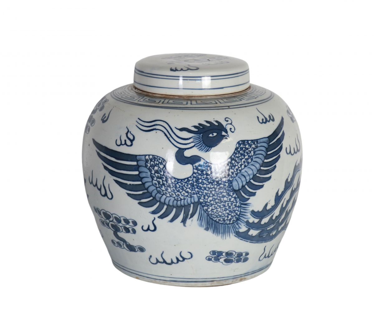 Blue and white ceramic jar with lid 