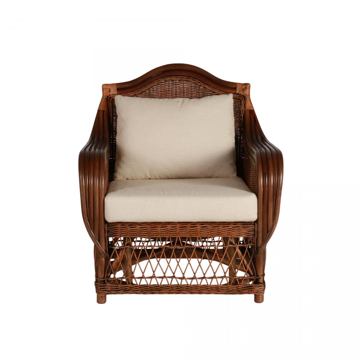 Block and chisel cane armchair with back and seat cushions 