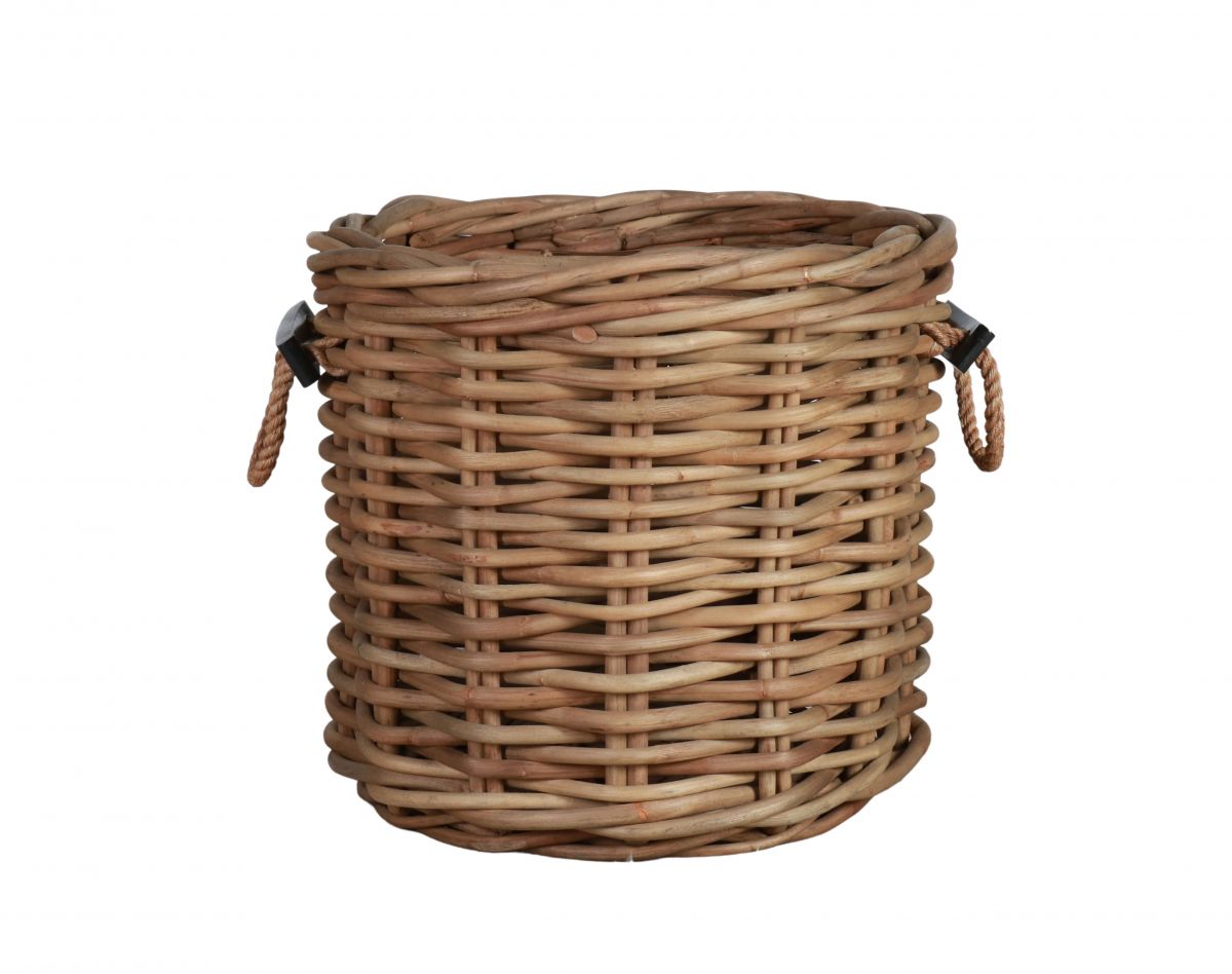 Round kubu weave basket with rope handles
