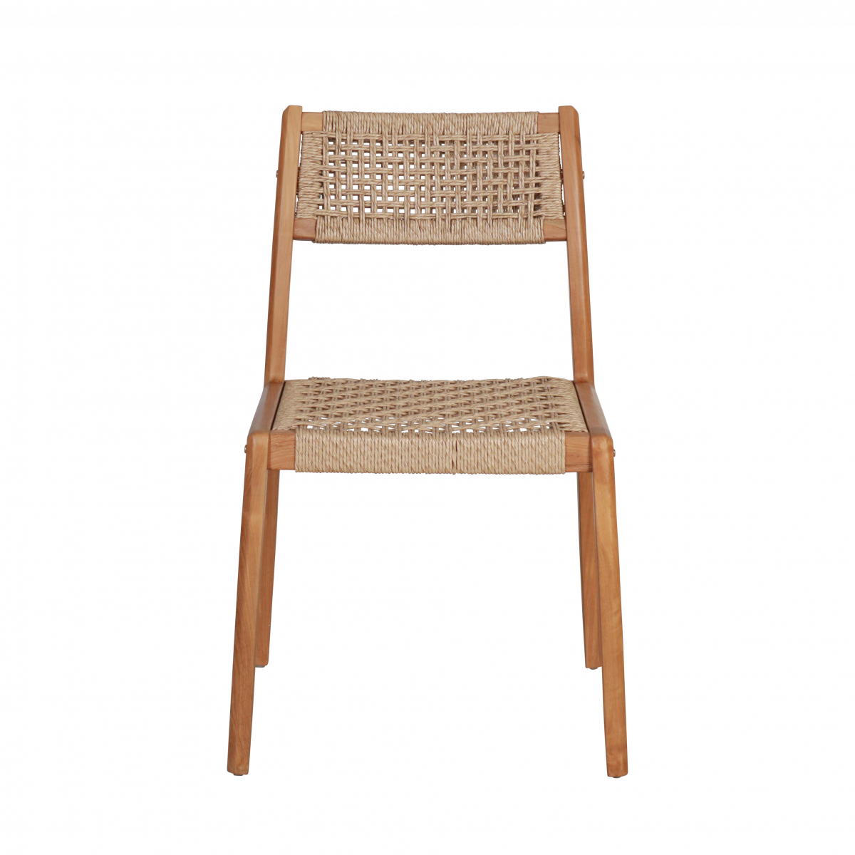 outdoor chair with synthetic rope and teak frame