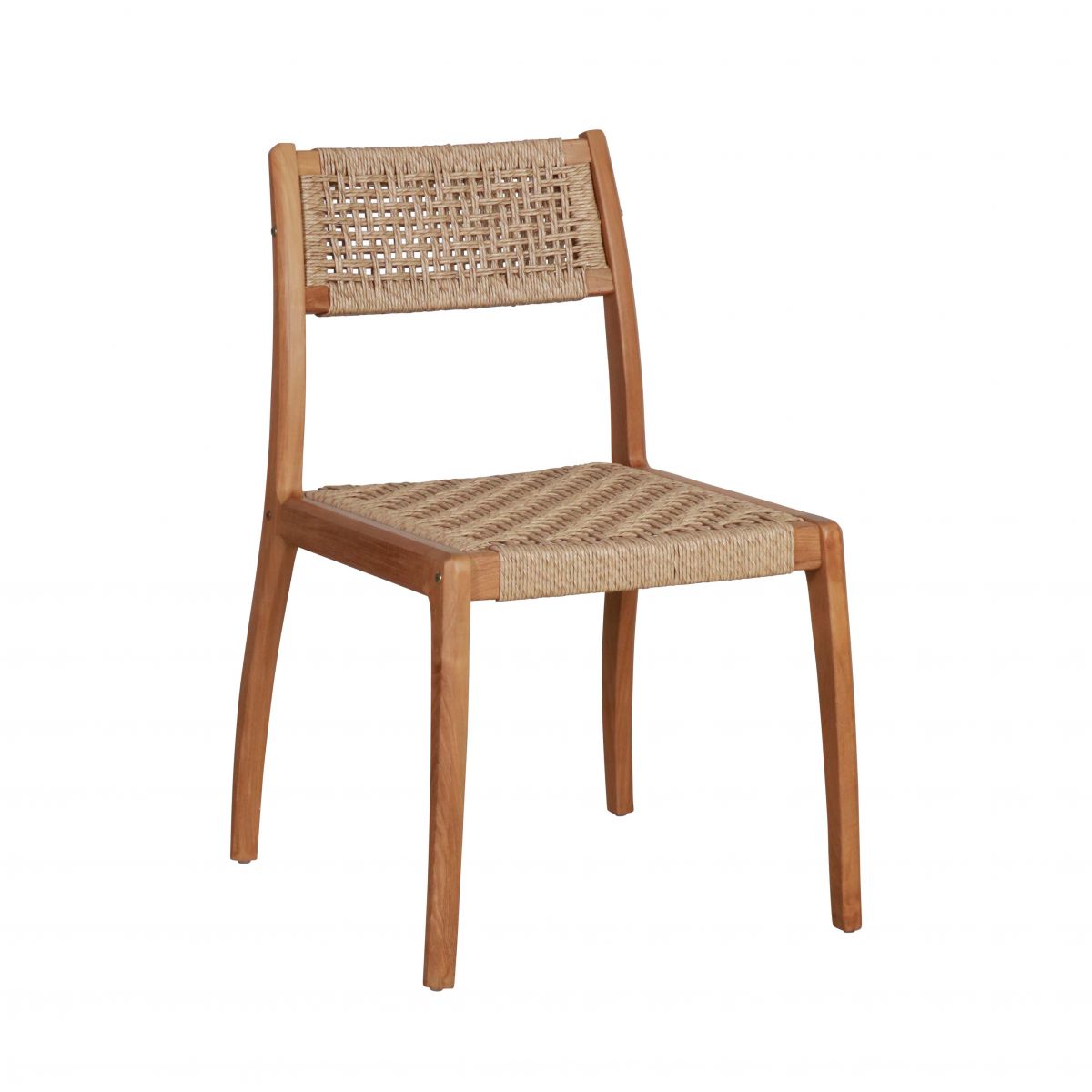 outdoor chair with synthetic rope and teak frame